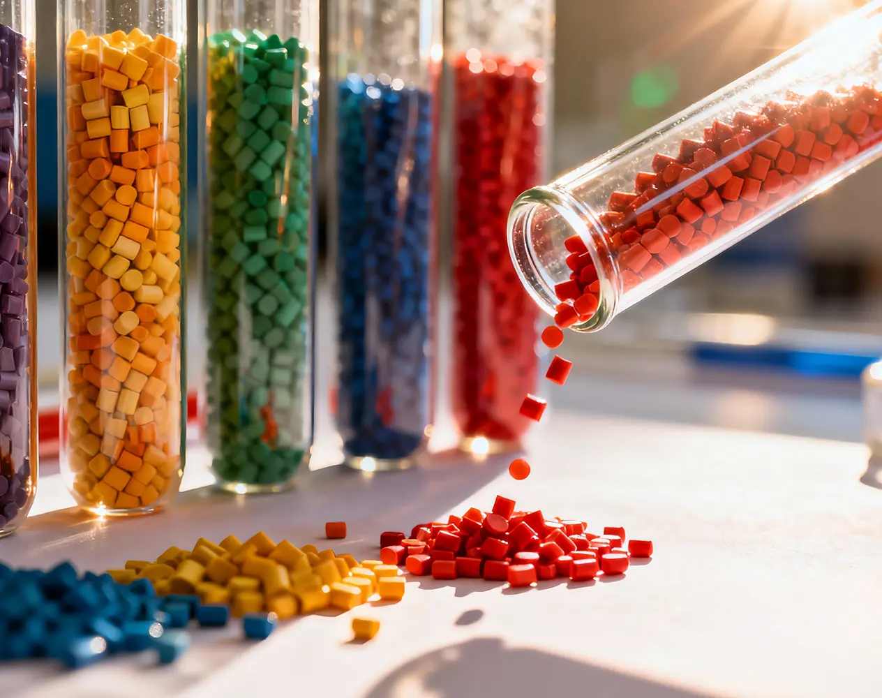 Gloved hand holding transparent plastic pellets